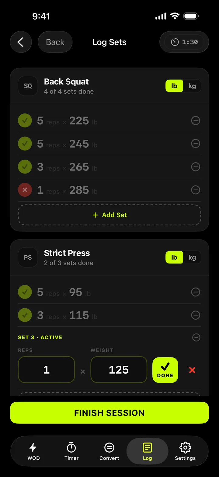 The set logger: Back Squat sets with weights, a failed set marked in red, and a rest timer.