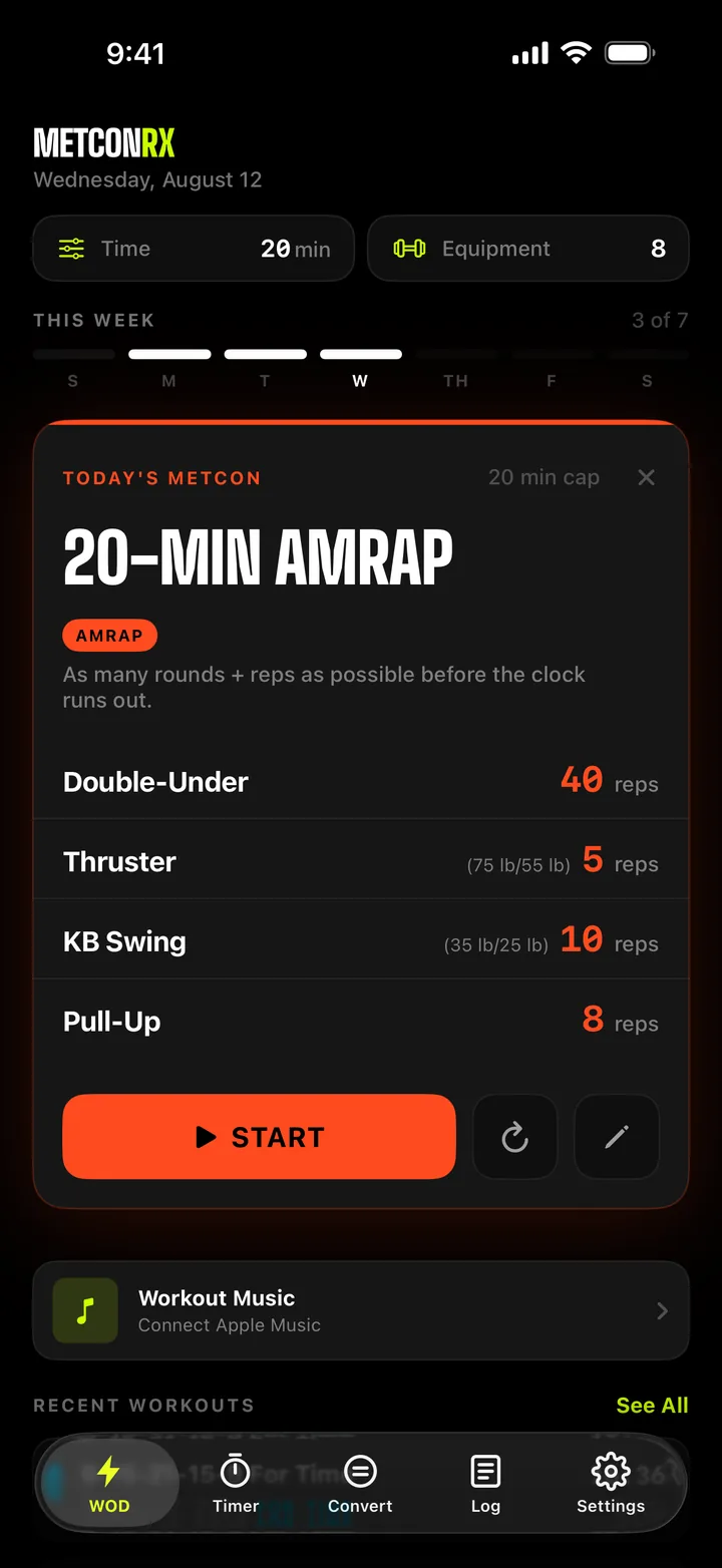 The MetconRX WOD tab: time and equipment controls, a week strip, and a generated 20-minute AMRAP with a Start button.