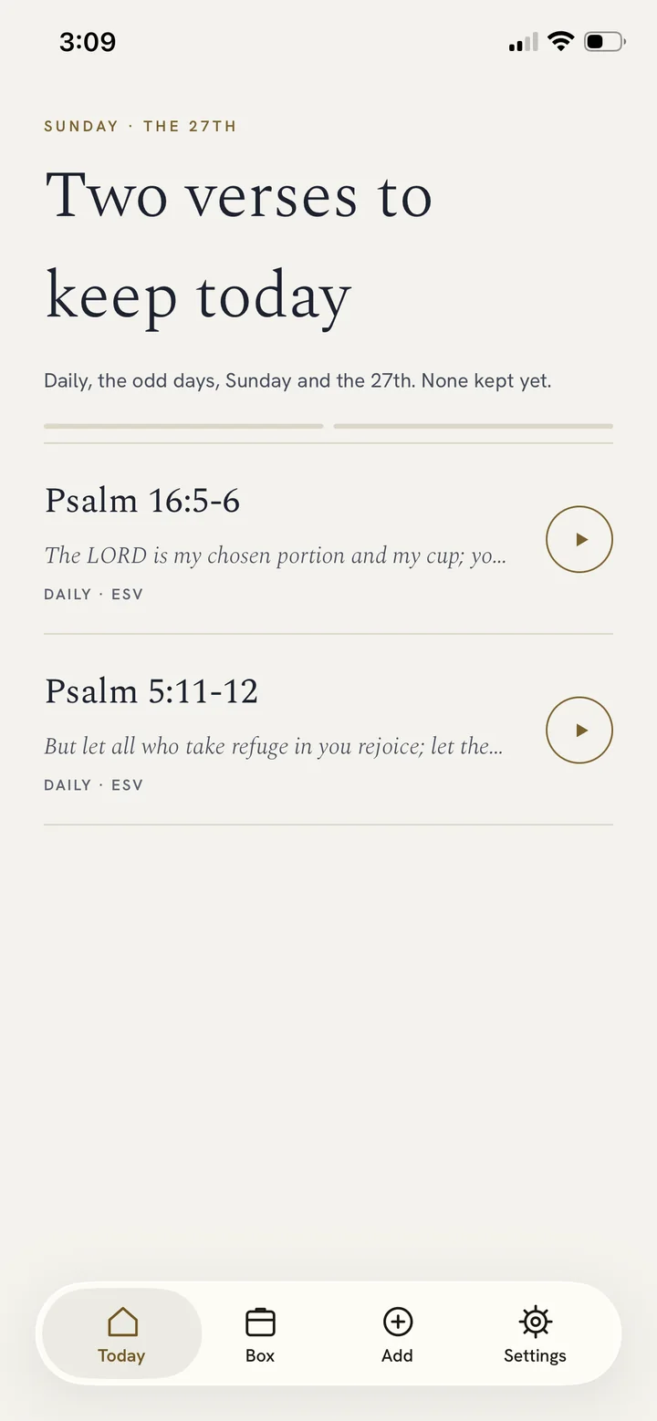 The Recite Today screen: “Two verses to keep today,” listing Psalm 16:5–6 and Psalm 5:11–12, each with a play button.